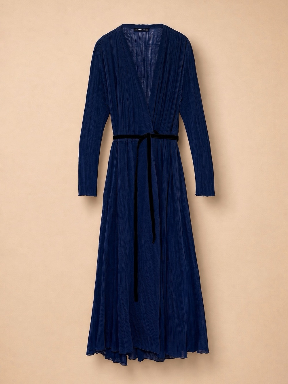 Zara Knit Crossover Wrap Long Dress Velvet Belt Midnight Blue S